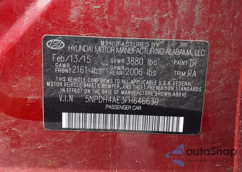 2015 Hyundai Elantra Se из США, поврежденный, VIN 5NPDH4AE3FH646639